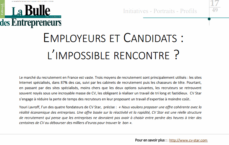 CVSTAR_'s tweet photo. Nous apparaissons dans le magazine gratuit La Bulle des Entrepreneurs
#RH #Rentree2016 #cvstar https://t.co/bzJV6gisws