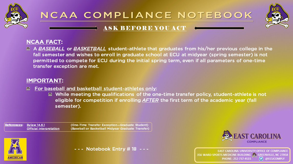 Compliance Note #18: One-Time Transfer Midyear Enrollees (Baseball &amp; Basketball) #ECUndaunted #ECUPirates