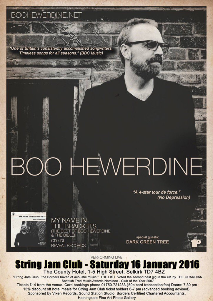 alliefoxmusic's tweet photo. @DarkGreenTree support @boohewerdine 16 Jan String Jam Club @CountySelkirk in superb line-up to launch 2016 season! https://t.co/6QiZzuho6W