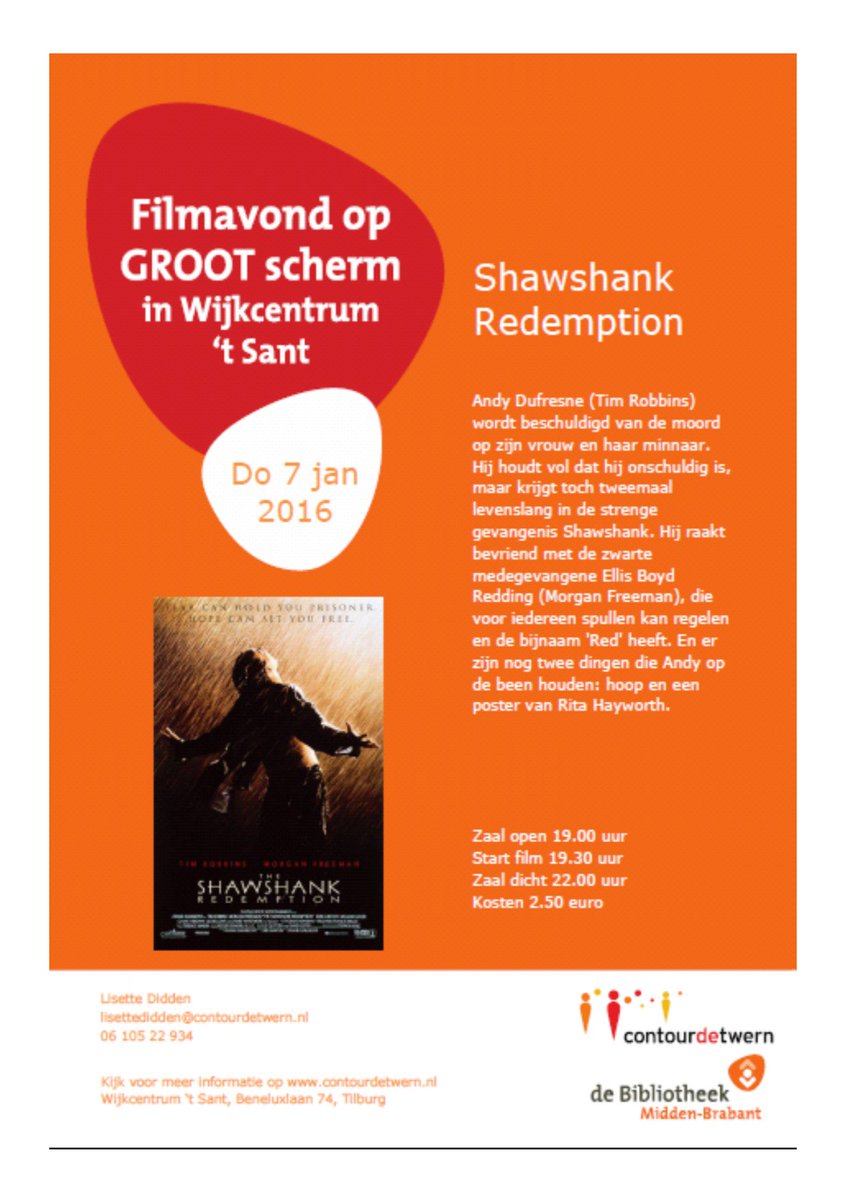 WijkcentrumSant's tweet photo. Do 7 januari: Filmavond op groot scherm: Shawshank Redemption! https://t.co/aWQnMadE8S