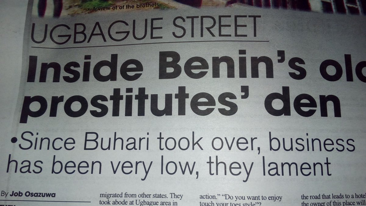 APCSouthSouth's tweet photo. Benin prostitutes lament low patronage: blame it on Buhari.
Na wah o!! 
As reported by The Sun of today on P46 https://t.co/VS2mpTyC4c