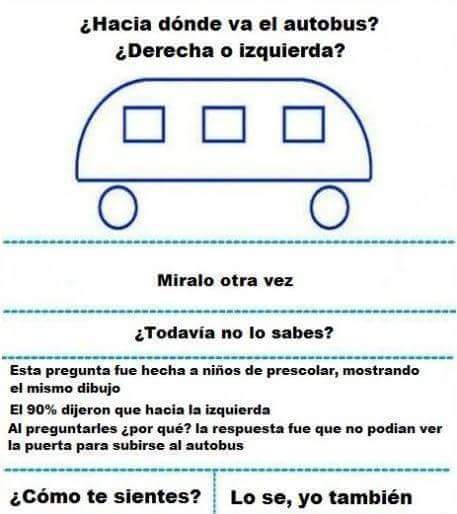 uGRenfurecida_'s tweet photo. ¿Hacia dónde va el autobús?

¿Izquierda o derecha?

PRUEBA: https://t.co/OlP2xbdI9O