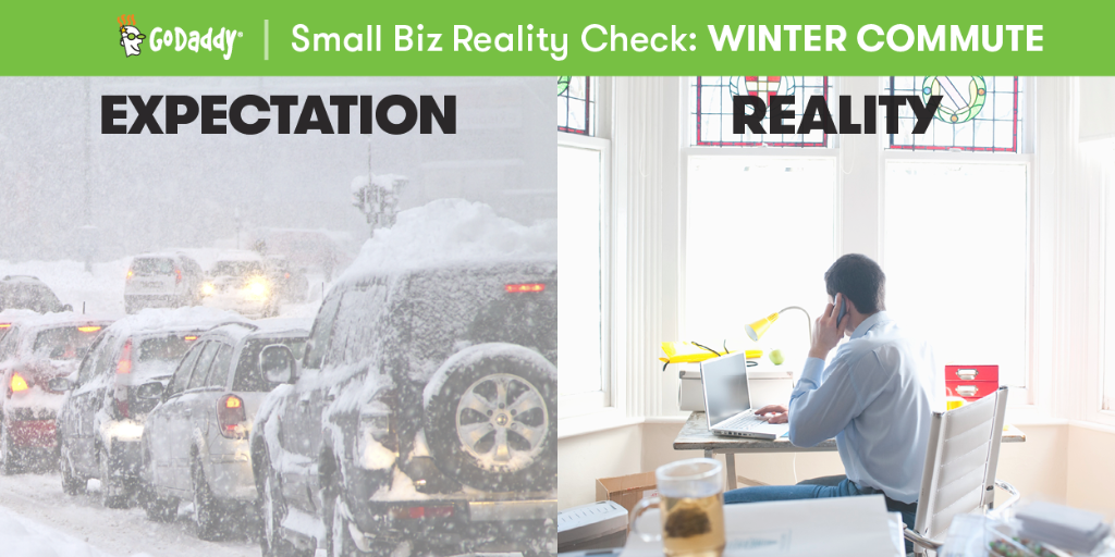 GoDaddy's tweet image. When you have the freedom to work from home, a wintery morning commute is snow big deal. #WorkFromHomeWin