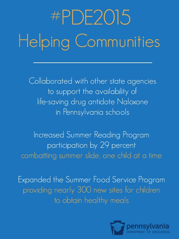 PADeptofEd's tweet photo. Encouraging collaboration, participation, and program expansion: 3 ways PDE helped communities this year. #PDE2015 https://t.co/jn7qxdll5l