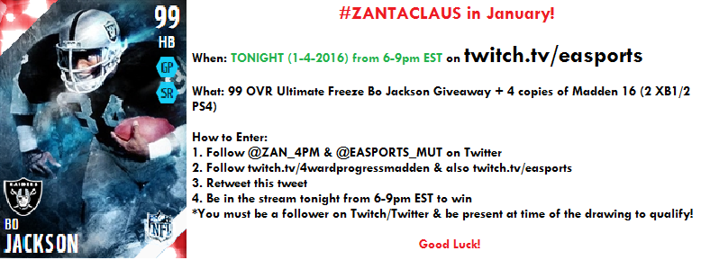 ZANmadden's tweet photo. #ZANTACLAUS is coming to town tonight! Bo Jackson giveaway &amp; 4 copies of #Madden16. See Details to enter! 6-9pm EST! https://t.co/0nIdkTIfYx