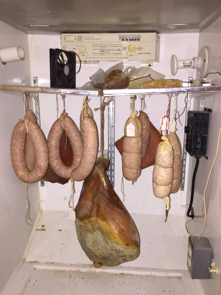 Current chamber status. Pancette, 2 salami, prosciutto, pitina. #properchamber #curedmeats