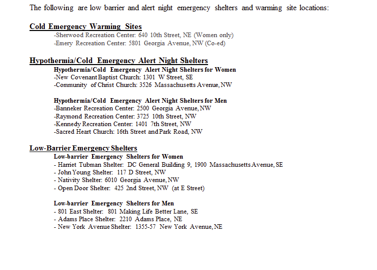 sarahanne_news's tweet photo. D.C. will declare a cold emergency tonight, meaning all shelters + warming sites will be open. Call 800.535.7252. https://t.co/6SvU82sxHu