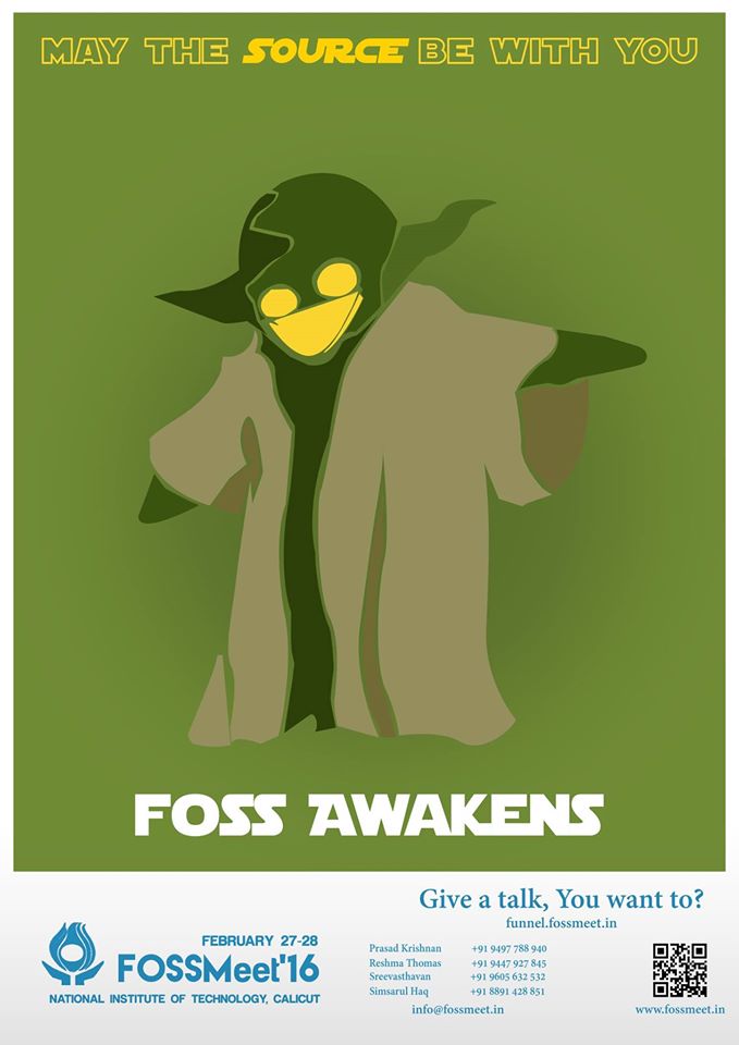 FOSSCell's tweet image. The force is strong with this one.
This February, FOSSMeet returns.
Be there, you must.
#hackthecode
#fossmeet2016