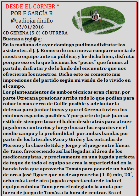 radiojardinillo's tweet photo. DESDE EL CÓRNER CD GERENA (5-0) CD UTRERA https://t.co/lTmdugbDuf