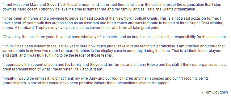 SportsCenter's tweet photo. Tom Coughlin releases statement that he is stepping down: "This is a not a sad occasion for me." https://t.co/Ez5jwBaRFW
