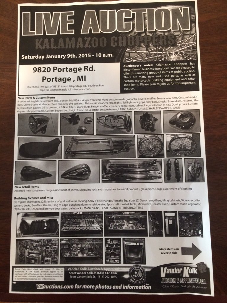 KChoppers's tweet photo. #Kalamazoo #michigan #auction #harleyparts https://t.co/YvJXIExKiG