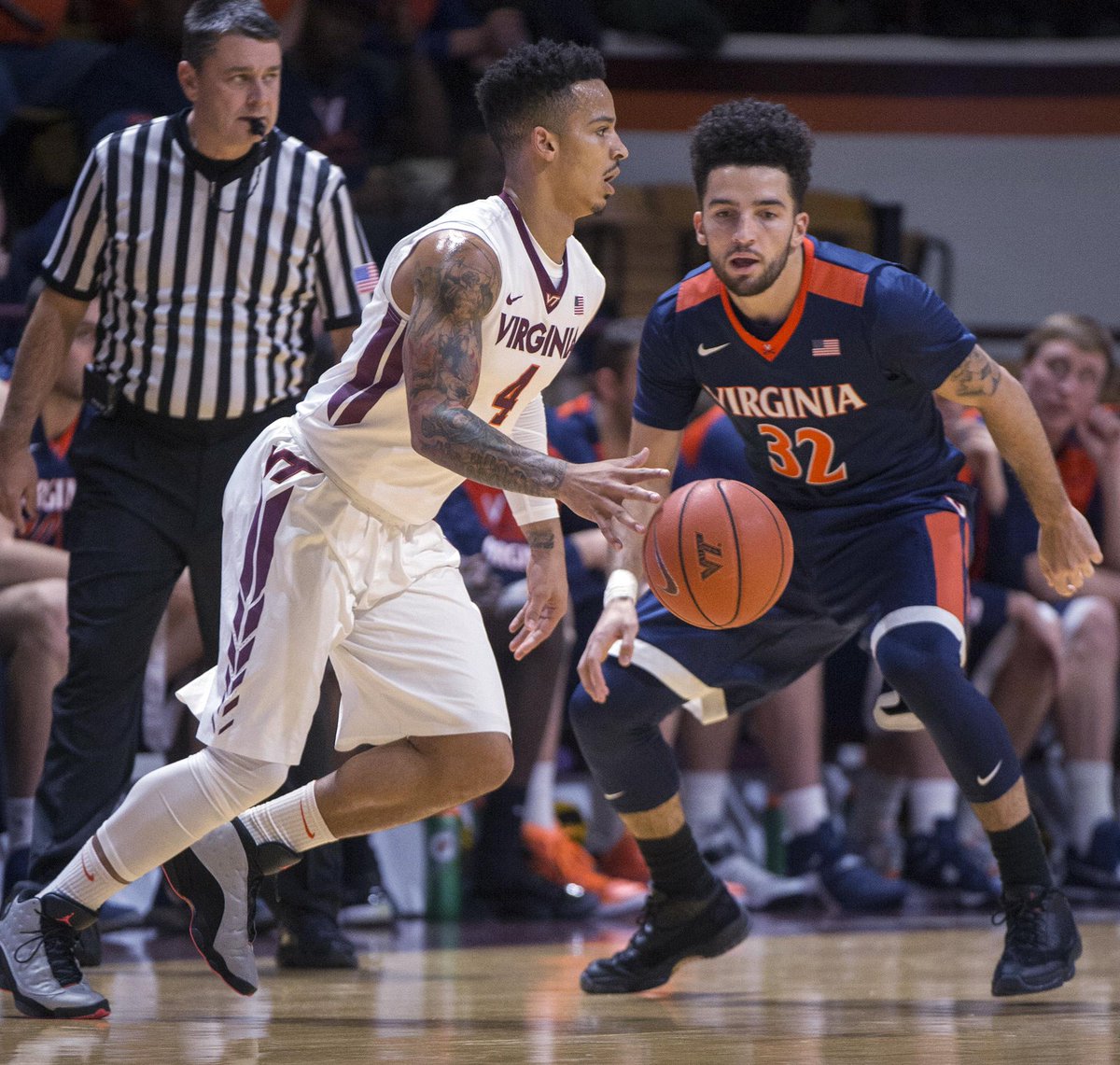SportsCenter's tweet photo. Down goes No. 4! Virginia Tech upsets No. 4 Virginia, 70-68, for the Hokies' 1st win vs an AP Top-5 team since 2011. https://t.co/U2V44DrJBJ