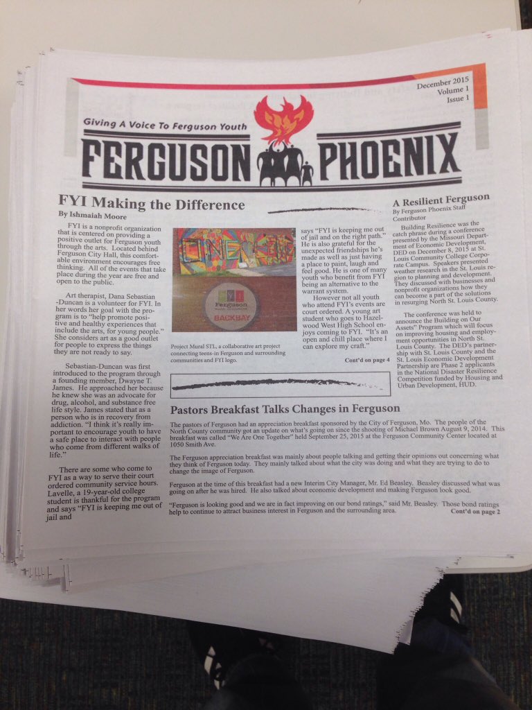 FergusonPnxSTL's tweet photo. Pickup a copy of our first issue today at @fergusonlibrary or @UrbArts #Ferguson #STL #communitynews https://t.co/UJ7gyLoisk