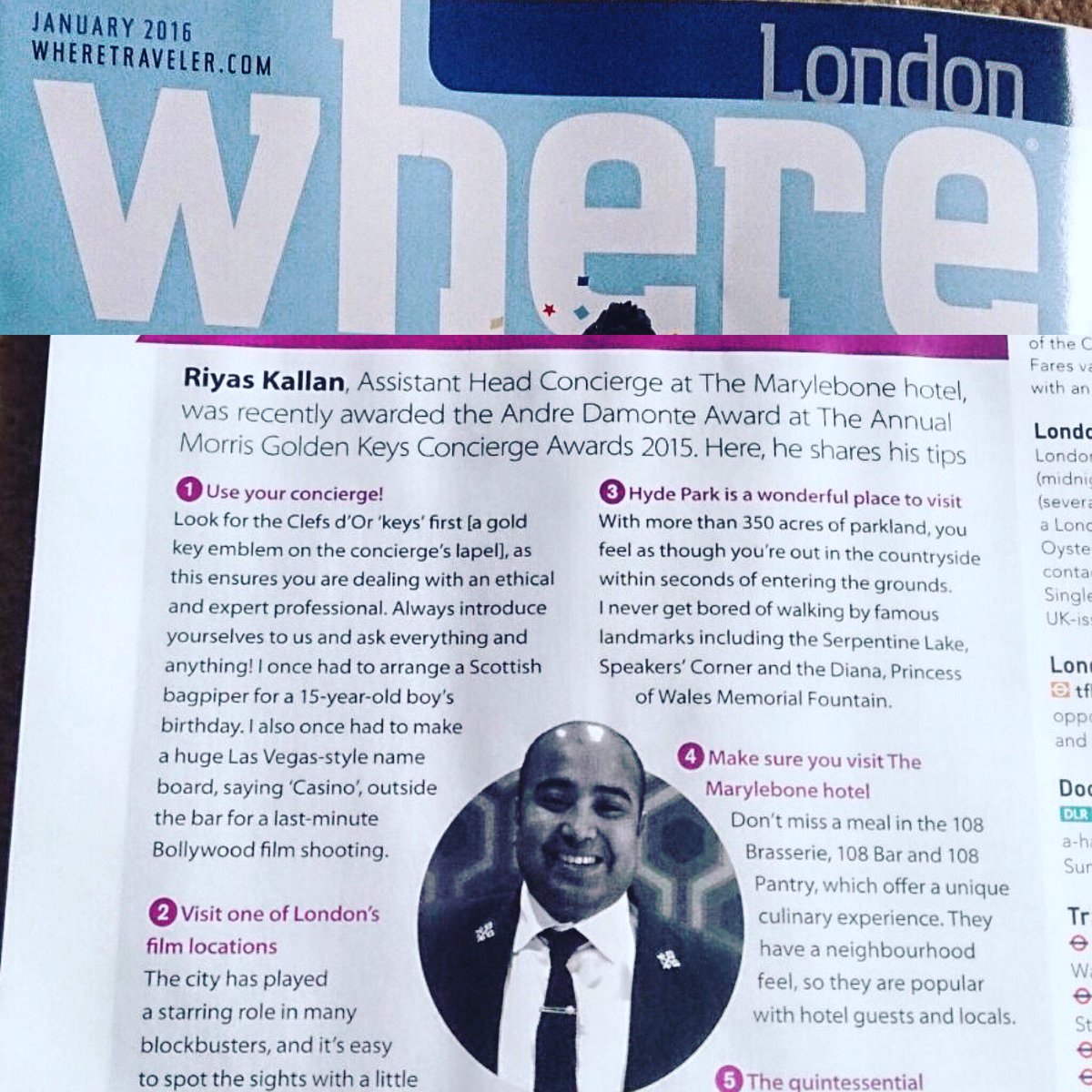 RiyasConcierge's tweet photo. Here's my tips for visitors to London, featured in the January edition of @WhereLondon #AskConcierge #SliceoftheCity https://t.co/jZrzgeFZtA