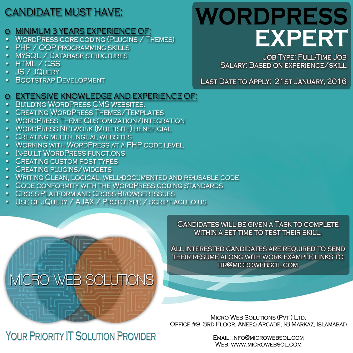 MicroWebSol's tweet image. #Islamabad #Wordpress #Expert #Job #Vacancy. Send your resume to hr@microwebsol.com before 21st Jan, 2016.