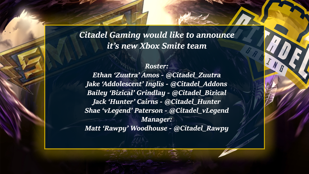 Citadel_Gaming's tweet photo. Citadel Gaming would like to announce our new Xbox Smite roster! Give the guys a follow! #TowerOver #CitadelFam https://t.co/hNQq2254Nj