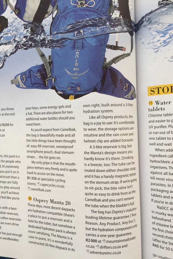 Osprey Manta 20 featured in January issue of Go! magazine. Round up of best hydration solutions #packyourpassion