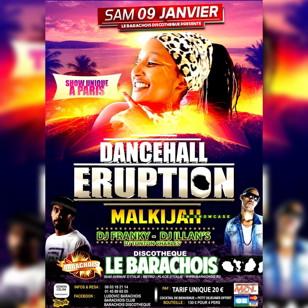 deejayillans's tweet photo. Ce samedi 9 janvier ..
DANCEHALL ÉRUPTION au Barachois discothèque à Paris
Avec EN show MALKIJAH
#malkijah #974 https://t.co/7XFba2qdkg