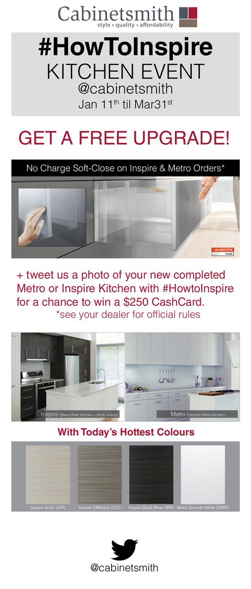 cabinetsmith's tweet photo. FREE softclose + a chance to win $250 ask your @cabinetsmith dealer #HowToInspire KITCHEN EVENT begins Jan 11th https://t.co/5JbC2l5gBo