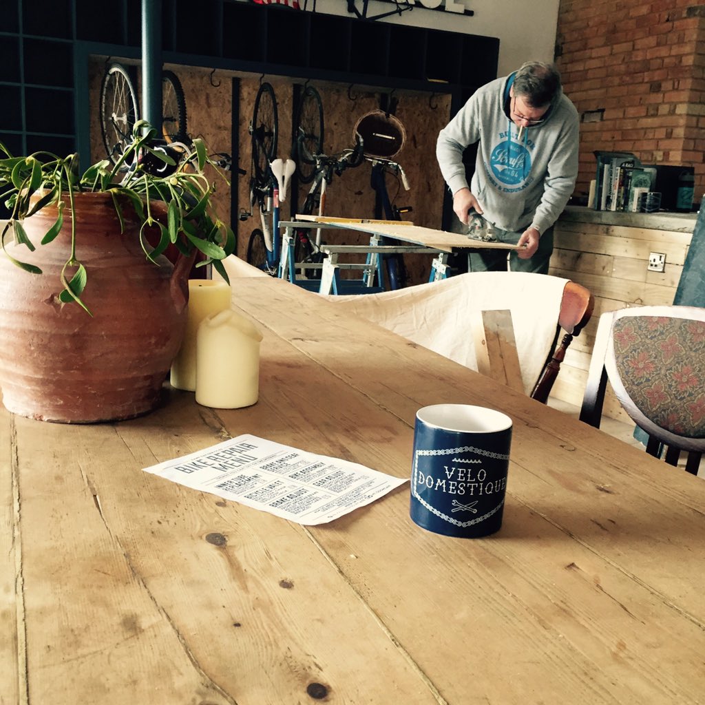 Headed over to <a href="/VeloDomCafe/">Velo Domestique</a> today! Finishing touches going down and it's looking so cool! Cheers for the brew guys!