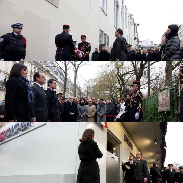 Elysee's tweet photo. .@fhollande a dévoilé les plaques commémoratives des attentats de janvier 2015, à Paris https://t.co/EHo2KBP09o https://t.co/wrPBVkmKwx