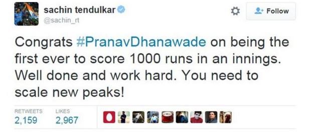 Following in the Little Master's footsteps? Sachin Tendulkar hails #PranavDhanawade

bbc.in/1JULnCW