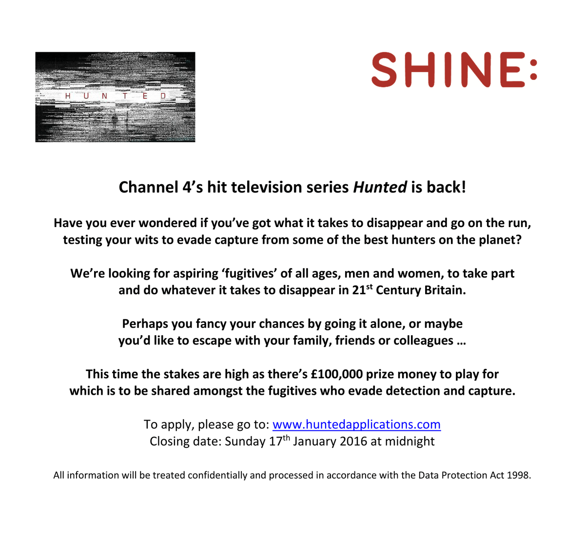 <a href="/CastingUKTV/">Casting UK TV</a>  RT? Channel 4's #Hunted is back! Got what it takes to go on the run? Apply at- bit.ly/1Z1tauj