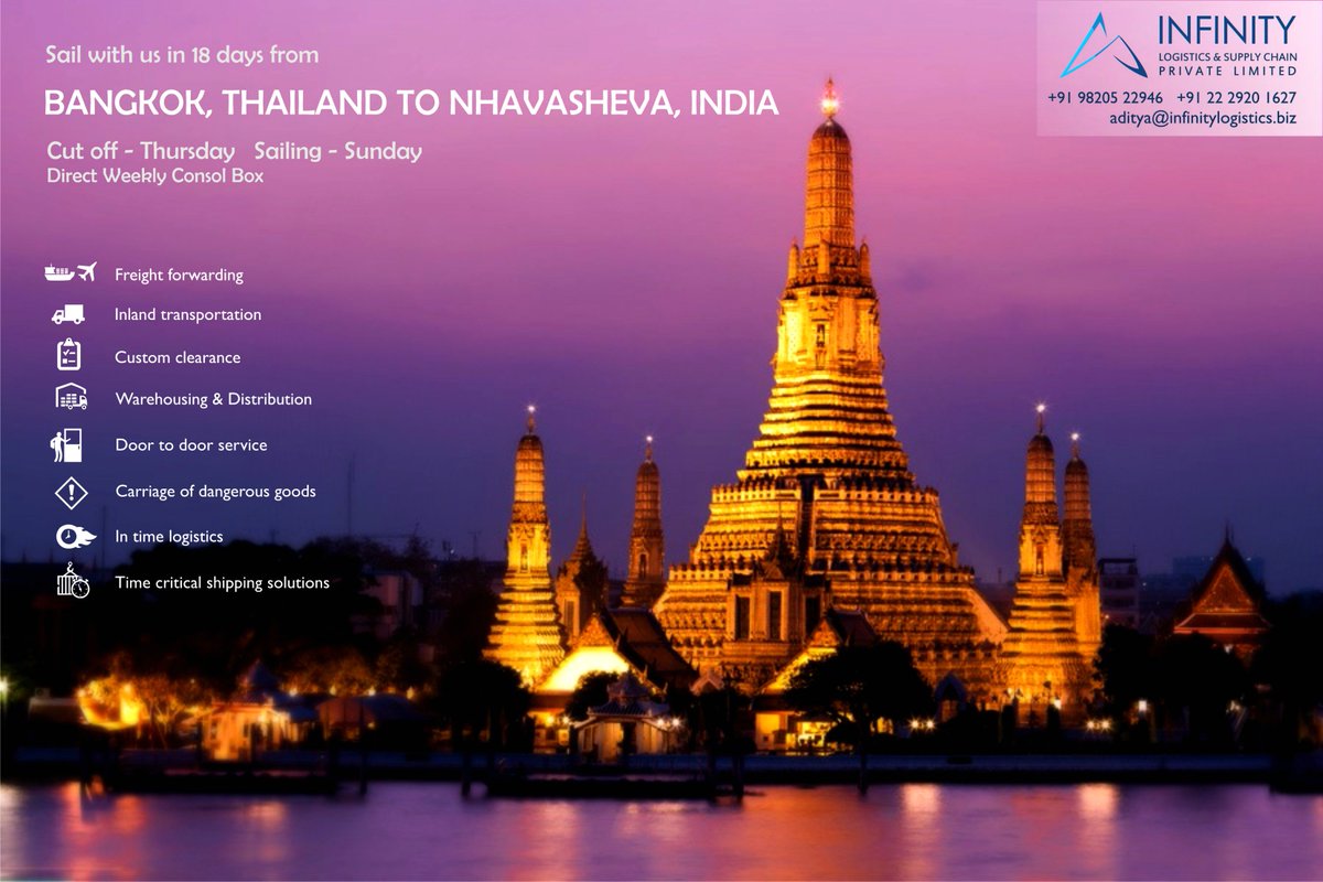 InfinityLogisti's tweet image. Sail with us in 18 days from Bangkok, Thailand to Nhava Sheva, India