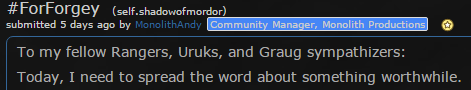 jonhumbert's tweet photo. reddit, Lord of the Rings, a fight against cancer & #videogames making a difference. @MonolithDev's #ForForgey @ 5: https://t.co/2RRcjKXnbi