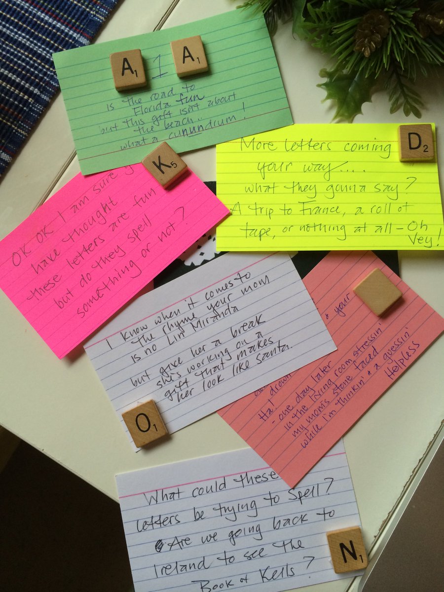 My advent to <a href="/kids_eye/">KidsEyeDesign</a>. Scrabble tile daily to spell out gift. Thx <a href="/Lin_Manuel/">Lin-Manuel Miranda</a> for #inspiration! Tmw is the reveal!