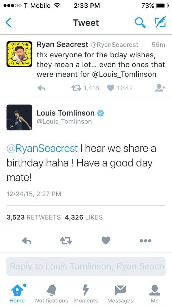  Louis replied to Ryan Seacrest greeting him a happy birthday!  
