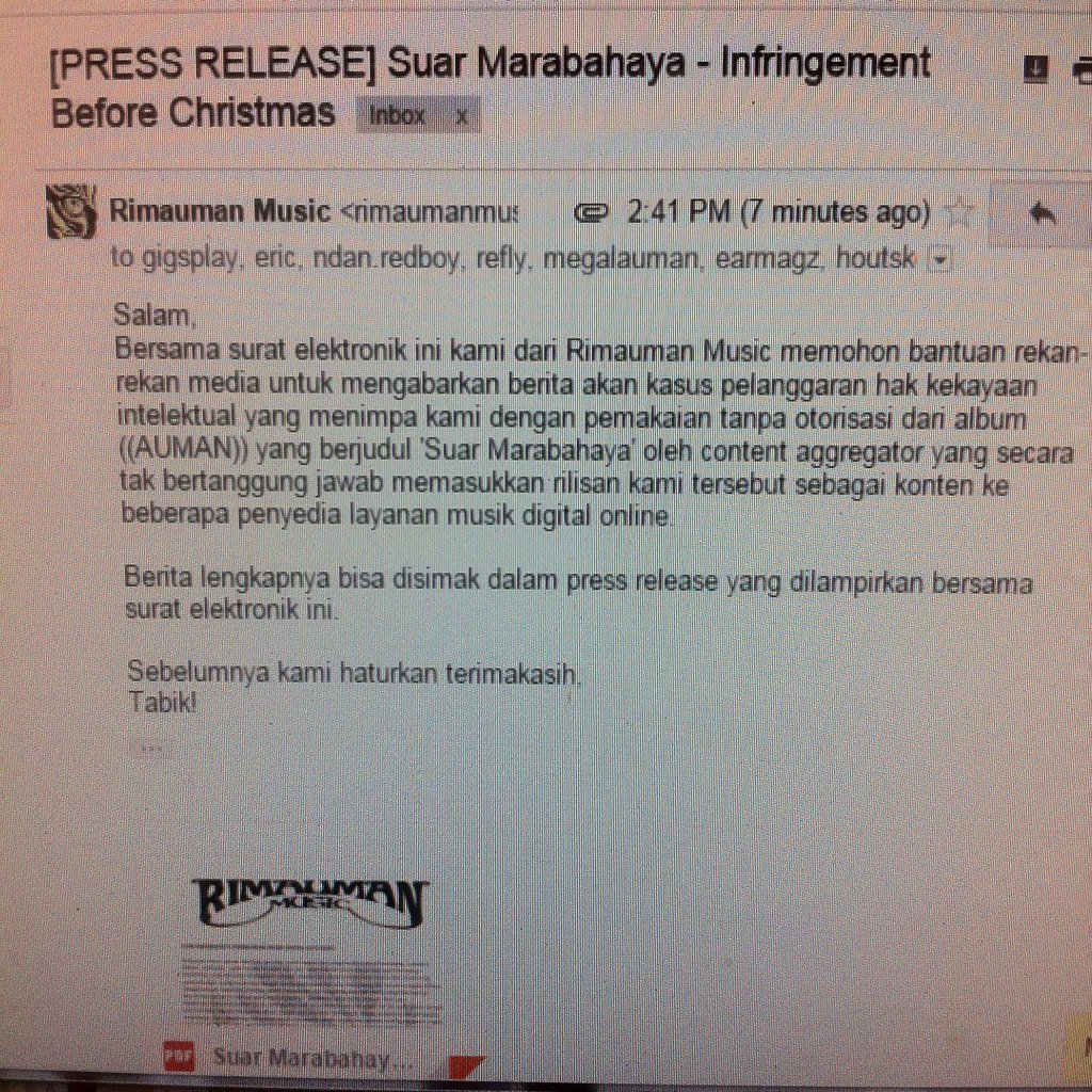 RimaumanMusic's tweet image. Press release penjelasan kasus pelanggaran HKI atas ((AUMAN)) 'Suar Marabahaya' telah disebarkan pada rekan2 media