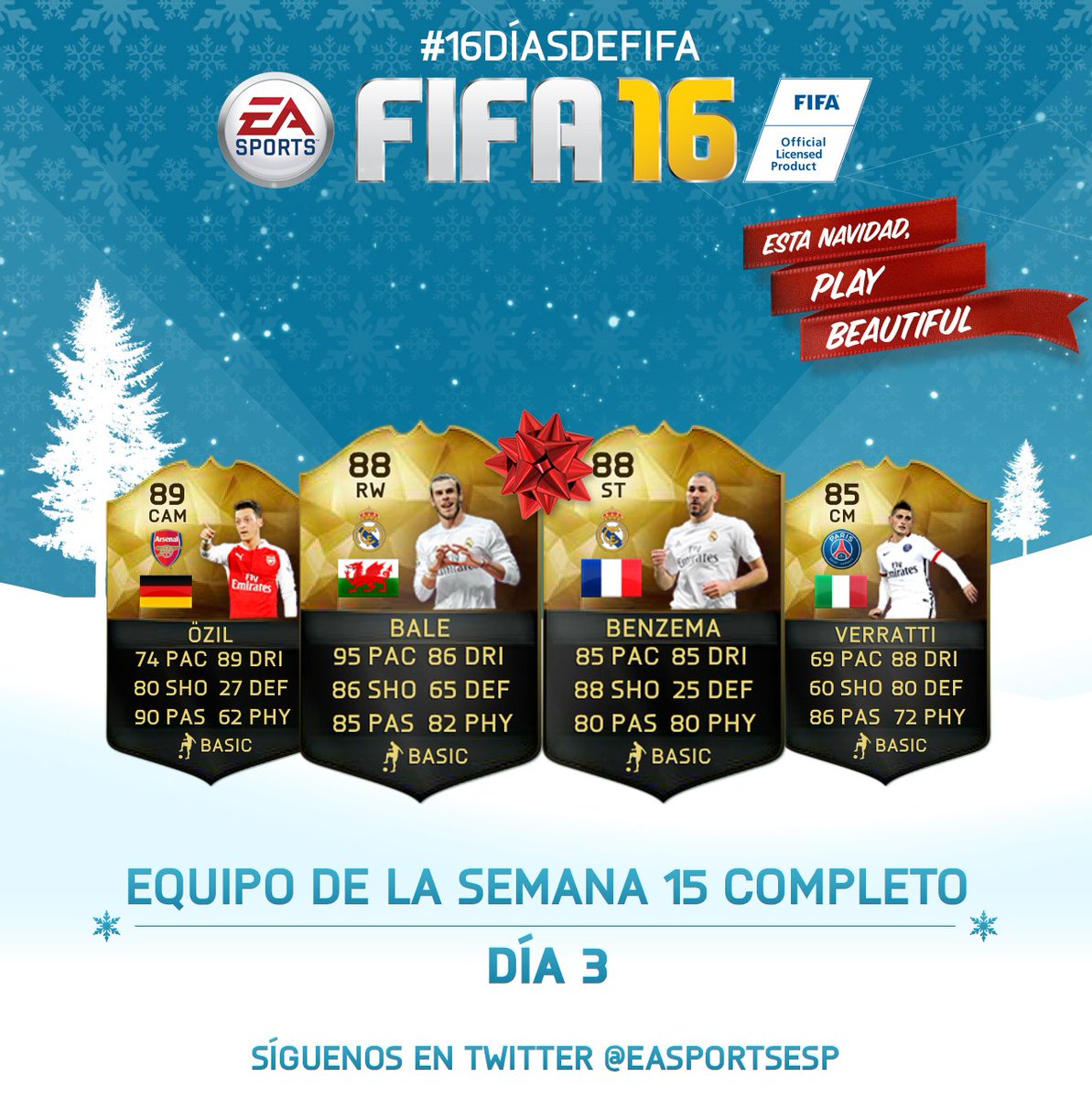 Día 3: ¡Feliz Navidad! Regalamos 1 Equipo de la Semana 15 completo. RT + follow. #16DíasdeFIFA