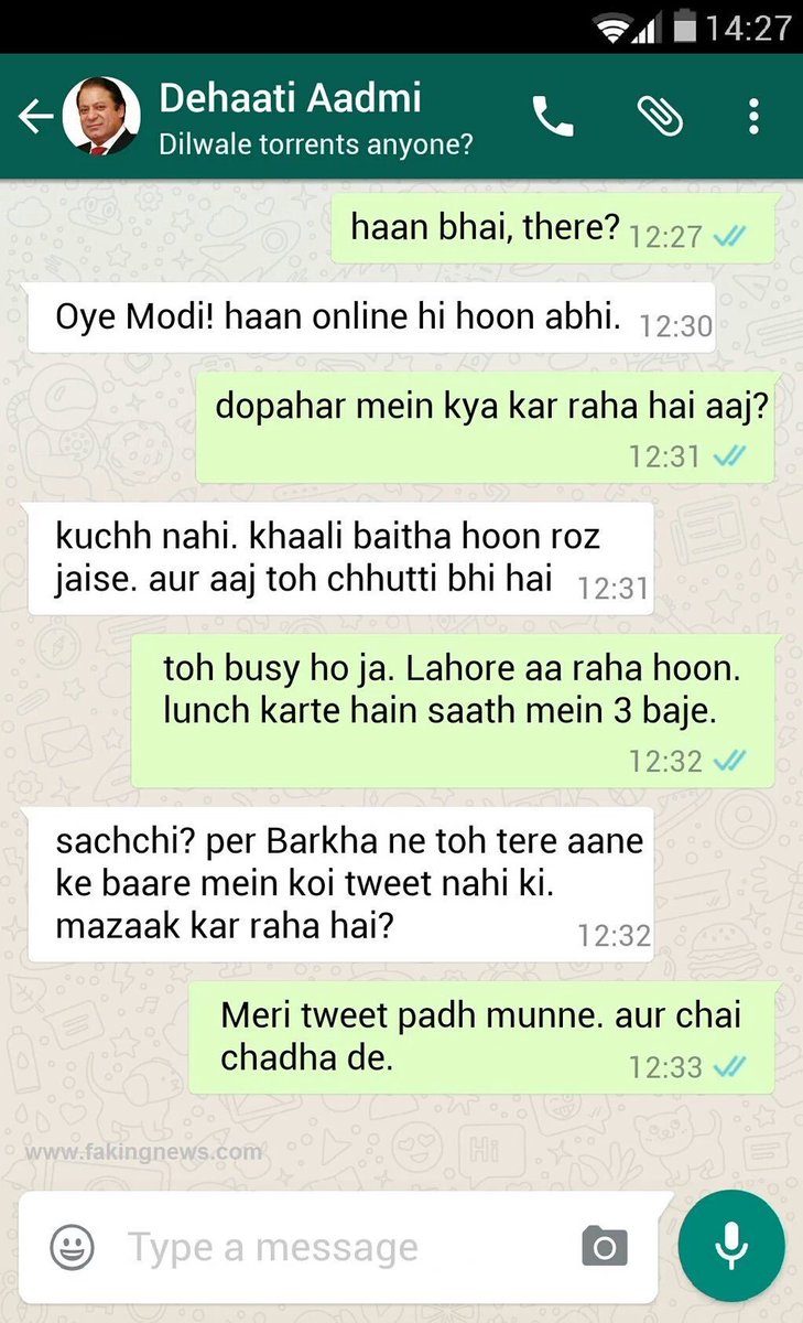 sanjaybafna's tweet photo. Modi - Nawaz WhatsApp Chat by  @fakingnews #ModiInLahore #ModiInPakistan https://t.co/oqqpR7j1V5