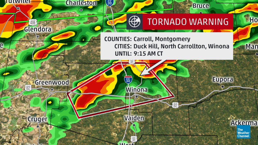 Tornado warning in northern Mississippi for parts of Carroll and