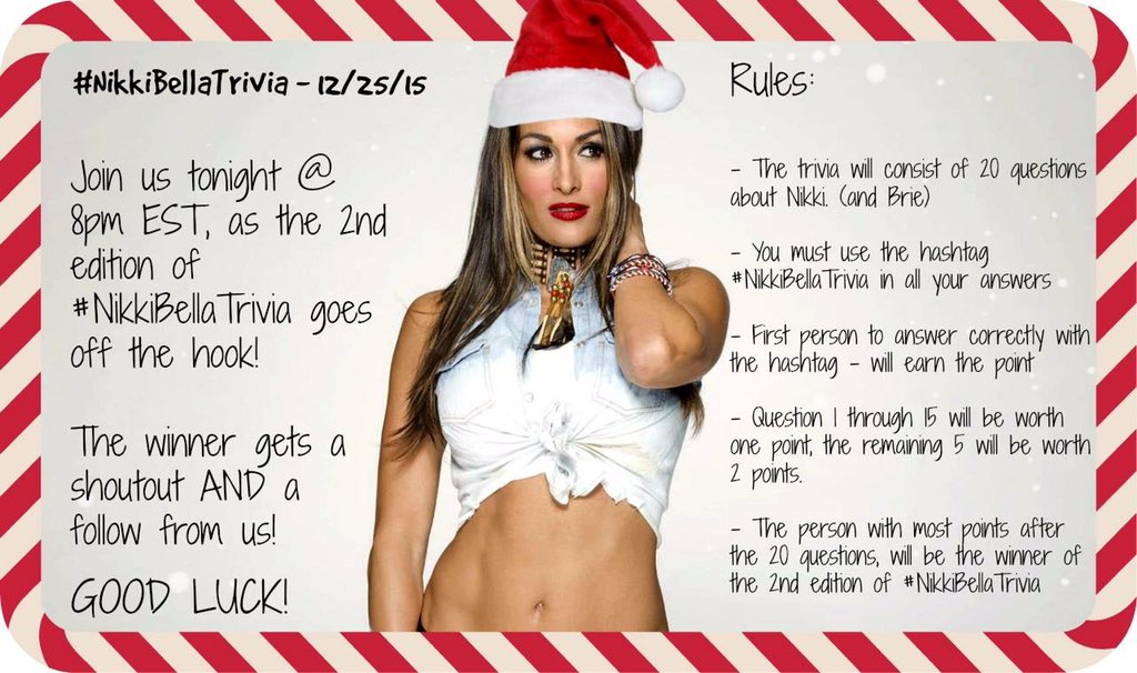 NikkiBellaAss's tweet photo. 8pm EST - BE HERE. We hope as many of you as possible will participate! 

#NikkiBellaTrivia https://t.co/k27MI8Zgka