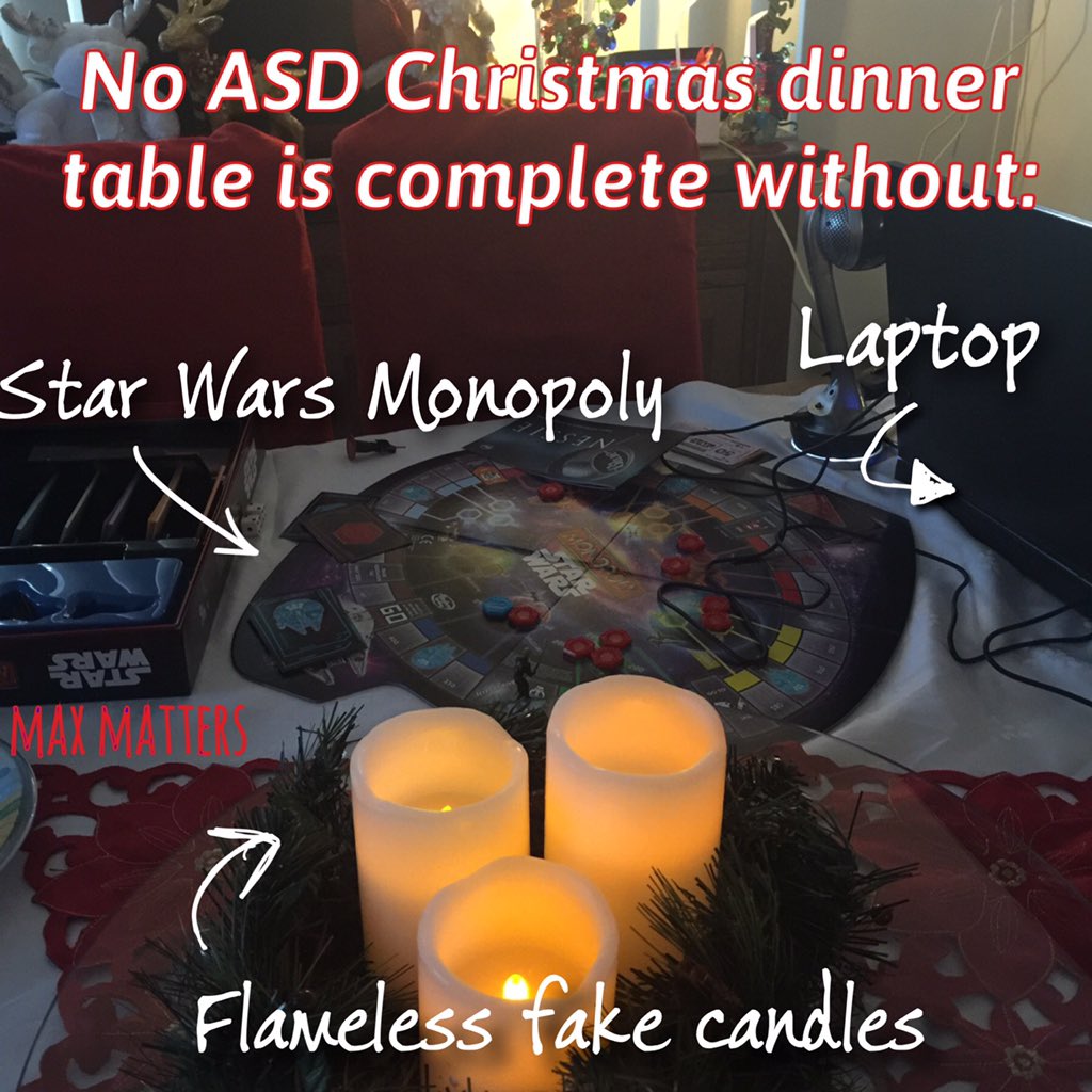 maxmatterstoday's tweet photo. No #ASD #Xmas dinner table is complete without #StarWars monopoly, laptop, flameless fake candles #MaxMatters https://t.co/bNnBkPguu2