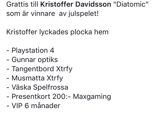 SpelFrossa's tweet photo. Julspelet har fått sin välförtjänta vinnare!
@Xtrfy @GUNNAROptiks @wearemaxgaming 
#Gaming #Esport #MerryChristmas https://t.co/TyF9JE918W