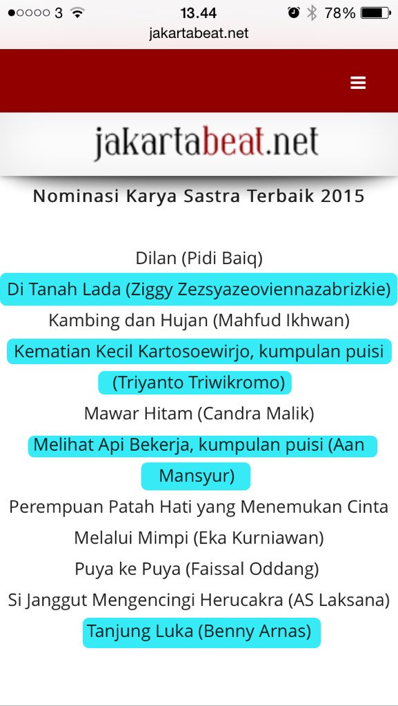 nominasi terbaik karya Sastra 2015 Jakartabeat.net Ada <a href="/monamiCROISSANT/">ziggy 🇵🇸🐧</a> <a href="/hurufkecil/">m aan mansyur</a> <a href="/triwikromo/">Triyanto Triwikromo</a> <a href="/bennyarnas/">Benny Arnas | Instagram: Benny Arnas</a>