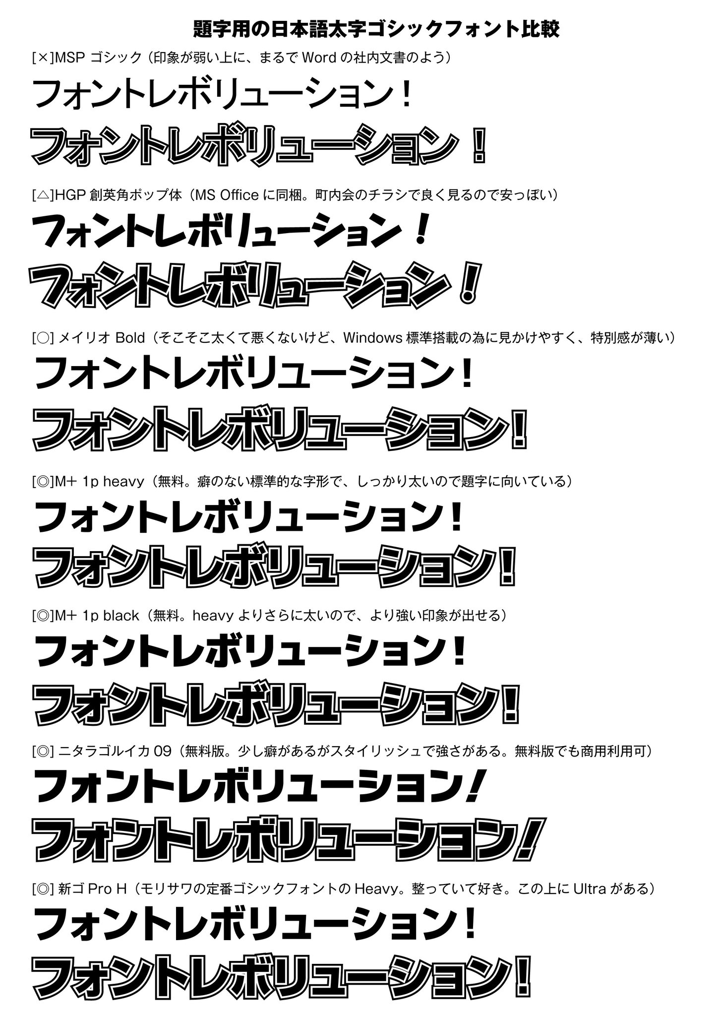 Jun1s うずまきスイッチ En Twitter 日本語の題字フォントとして 太字のゴシック体 がいいけど いいのが無いからoffice標準搭載の創英角ポップ体使っておこう とする例が多いので 他にも良いフォントあるよ という資料を作りました 多すぎてもアレなのでかいつまん