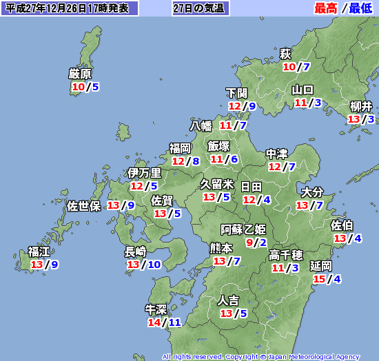 北九州弁bot 明日 27日 の北九州の天気予報 くもり 夕方から晴れ 日中の最高気温 11 朝の最低気温 7 ポイント 夜は気温が朝よりも低くなるけ要注意 5 未満 T Co Dingpkdjpr Twitter