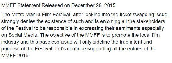 mmffofficial's tweet photo. MMFF Statement Released on Dec. 26, 2015. For everyone's info. #MMFF2015 https://t.co/P14gicW4pw