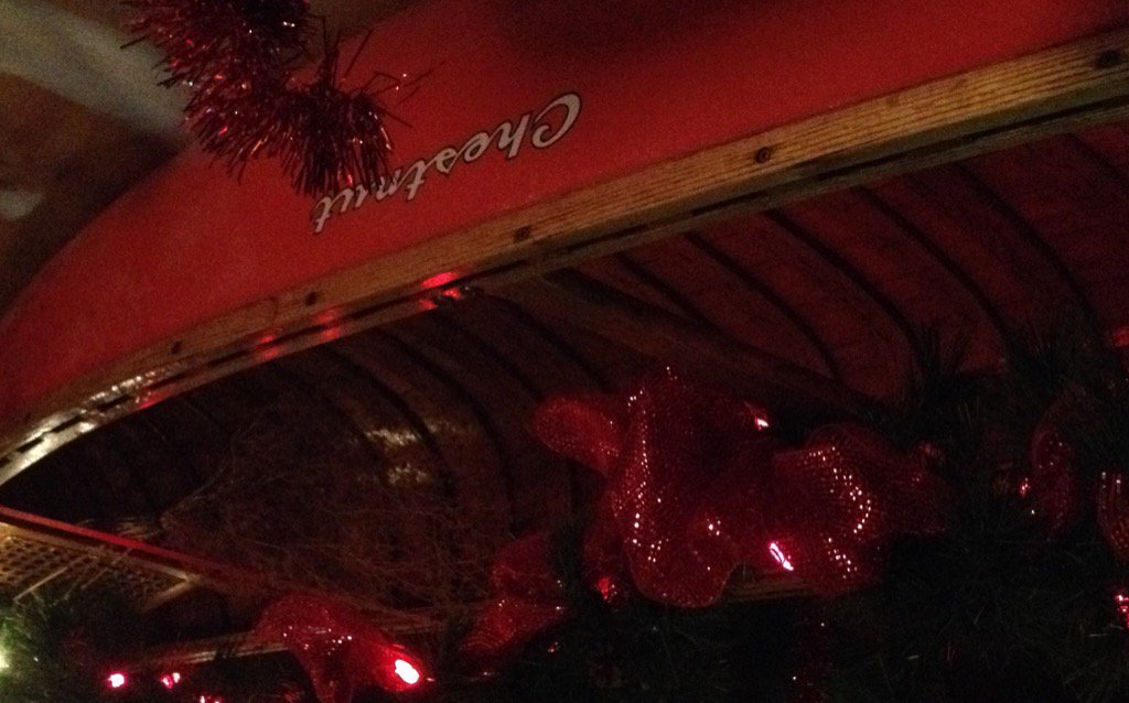 Garage Christmas diner for thirty under the vintage #cheastnutcanoe decorated in great #Christmasfashion