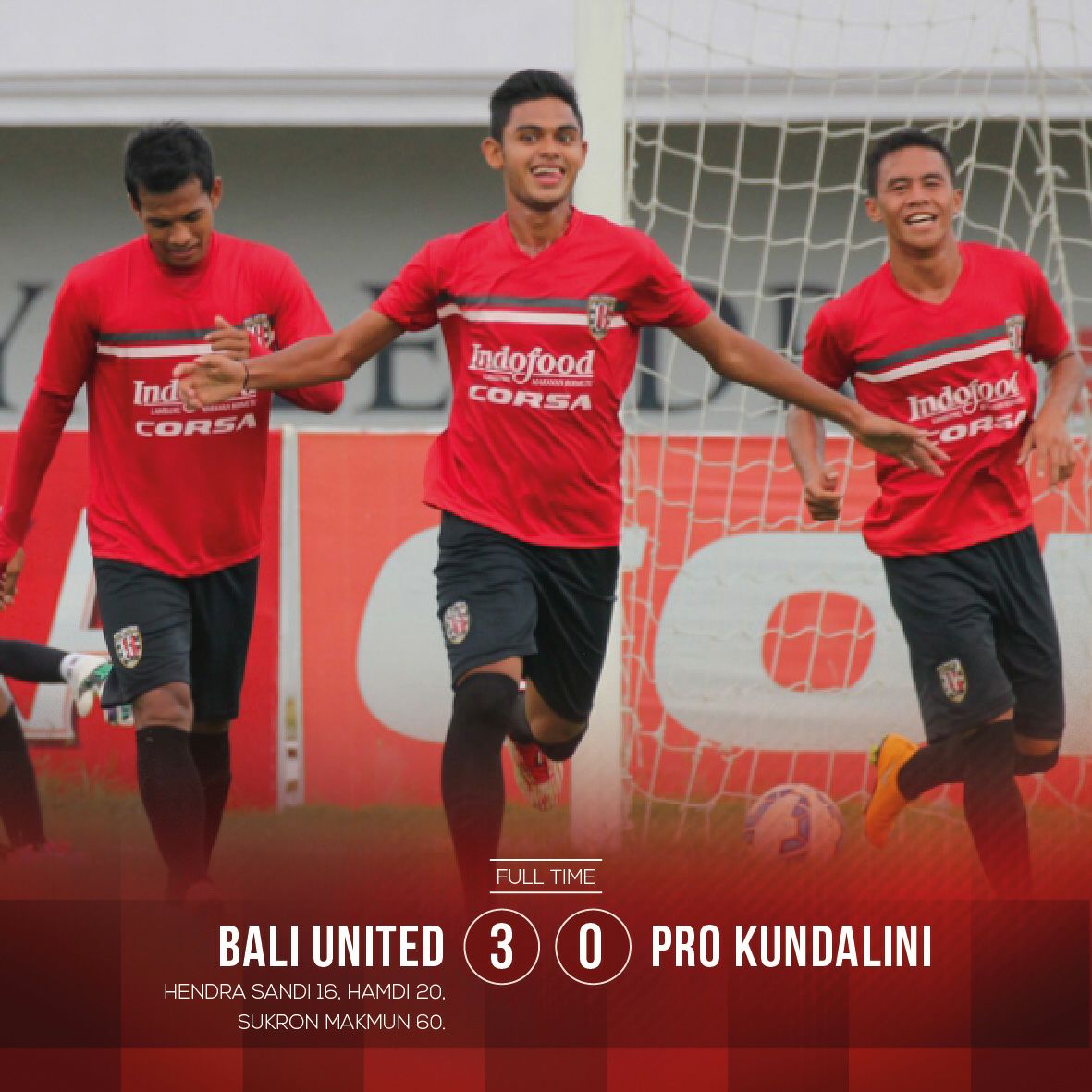 FT Ujicoba Bali United 3-0 Pro Kundalini. 3 gol dilesakan masing-masing oleh Hendra Sandi, Hamdi dan Sukron