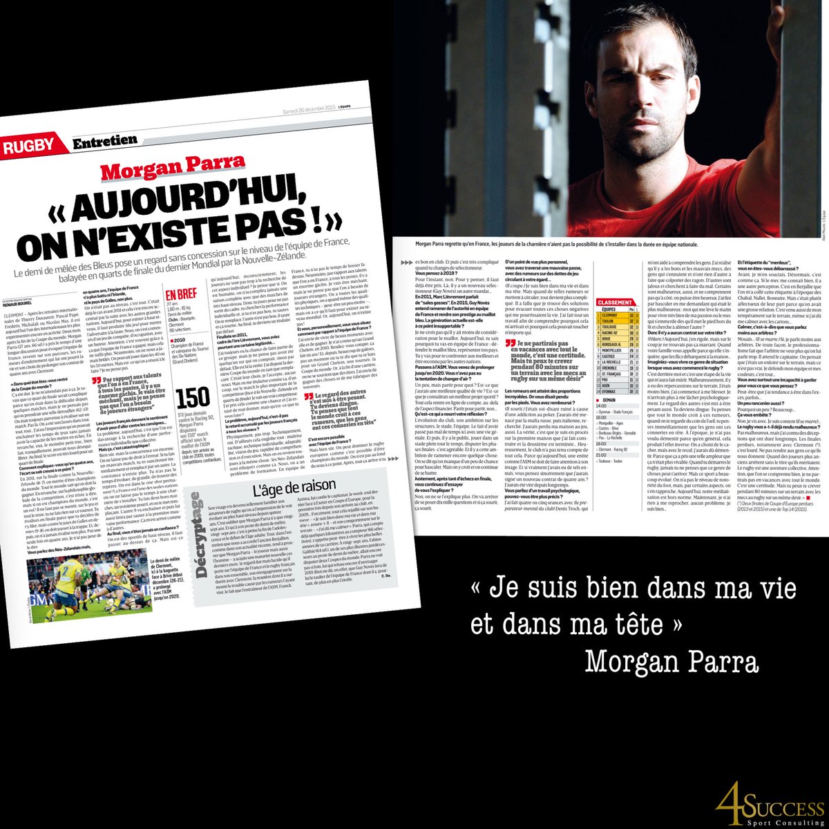 Itw sans concession dans <a href="/lequipe/">L'Équipe</a> du jour de <a href="/MorganParraOff/">Morgan Parra</a>, l'un des leaders du rugby tricolore #Team4S