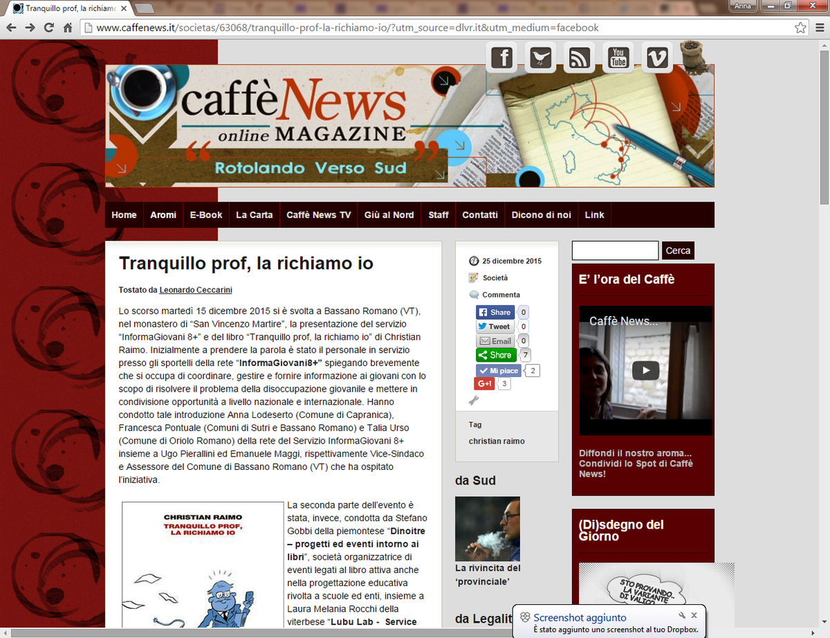 Un bel pezzo sul ns. evento al <a href="/ComuneBassanoRm/">ComuneBassanoRomano</a> pubblicato da <a href="/LeoCeccarini95/">Ginevra Ceccarini - Autrice ed altro</a> su <a href="/caffenews/">Caffè News</a> fb.me/3BPgwwKEl