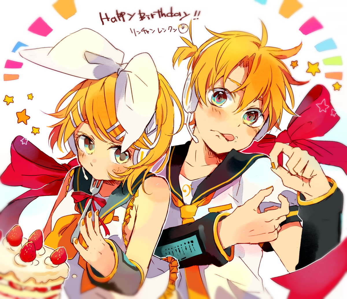 kagamine len ,kagamine rin 1girl 1boy food blonde hair cake sailor collar bow  illustration images