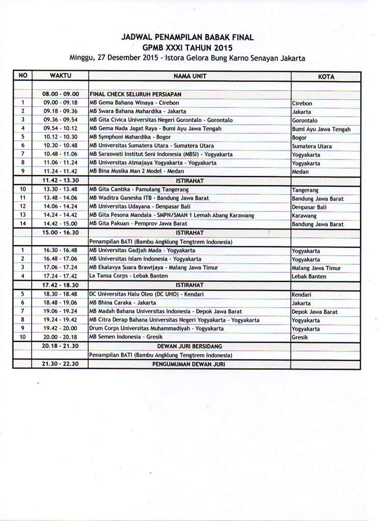 YGPMB's tweet photo. JADWAL PENAMPILAN BABAK FINAL GPMB XXXI TAHUN 2015

Minggu, 27 Desember 2015 - Istora Gelora Bung Karno
#GPMB2015 https://t.co/5I5wunCMgE