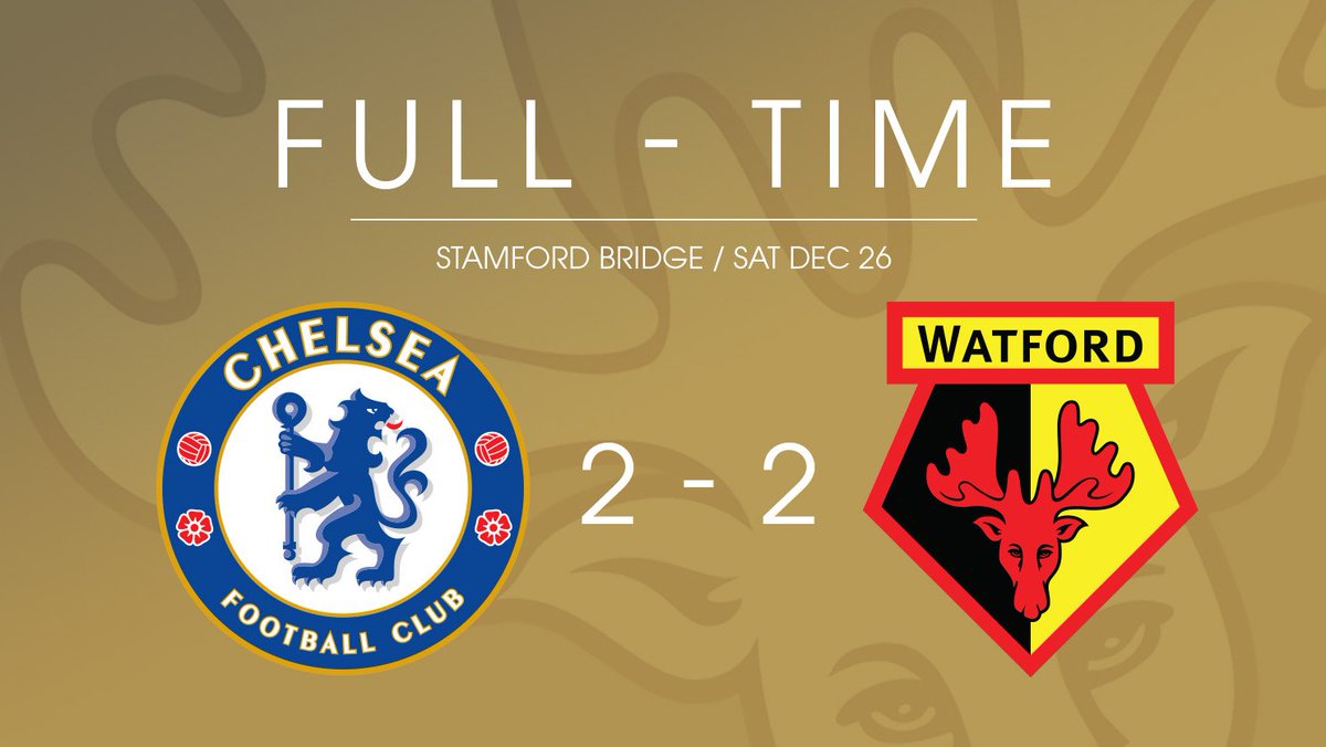 WatfordFC's tweet photo. FULL-TIME: Chelsea 2-2 #watfordfc. That's five unbeaten for the Hornets! Deeney (pen) and Ighalo the scorers. https://t.co/0gJafYkTr7