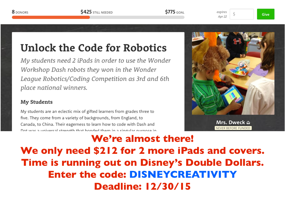 RT: Visit tinyurl.com/dwecktech  Enter the code DISNEYCREATIVITY to double your $$. Please, share.